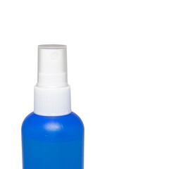 Blue plastic spray bottle for cleanser, antiseptic, lotion etc. Isolated on white background.