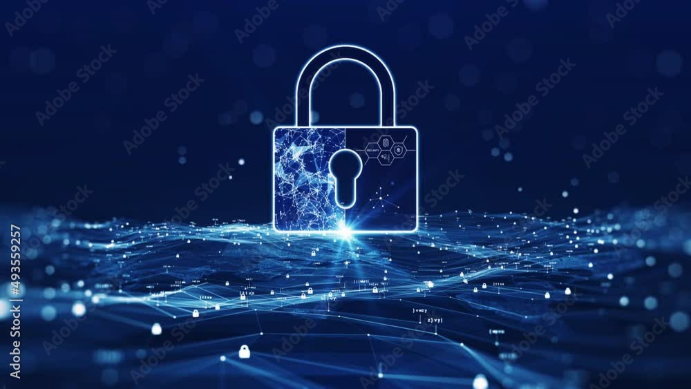 Poster Cybersecurity technology concept data protection and privacy. The large padlock is prominently centered above the polygon and the smaller binary padlock is connected in a slow-motion blue background.