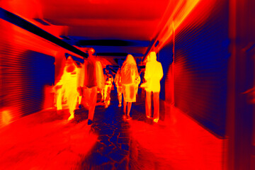 Movement of people in the underpass. Illustration of thermal image - thermal impressionism. - obrazy, fototapety, plakaty