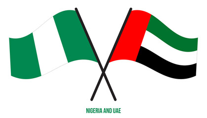 Nigeria and UAE Flags Crossed And Waving Flat Style. Official Proportion. Correct Colors.