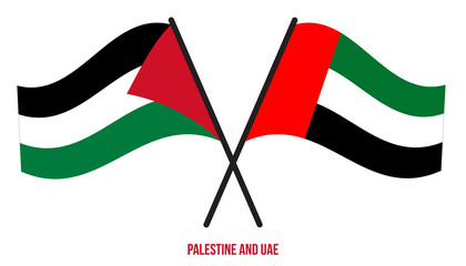 Palestine and UAE Flags Crossed And Waving Flat Style. Official Proportion. Correct Colors.