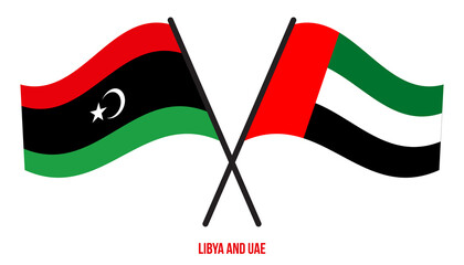 Libya and UAE Flags Crossed And Waving Flat Style. Official Proportion. Correct Colors.