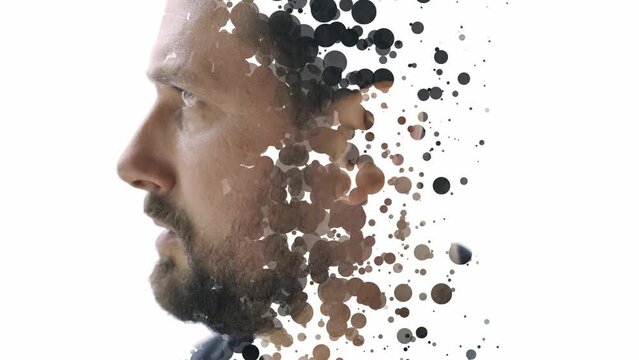 A double exposure portrait of a man's profile combined with brush strokes