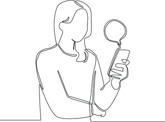 Simple continuous line drawing a young girl holding and typing message in a smartphone. Vector illustration.