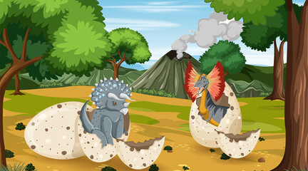 Prehistoric forest with dinosaur cartoon © blueringmedia