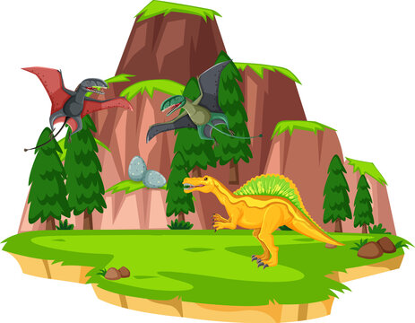 dinosaurs flying, walking on green landscape clip art preview