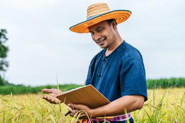 Asian farmer write on clipboard in rice field