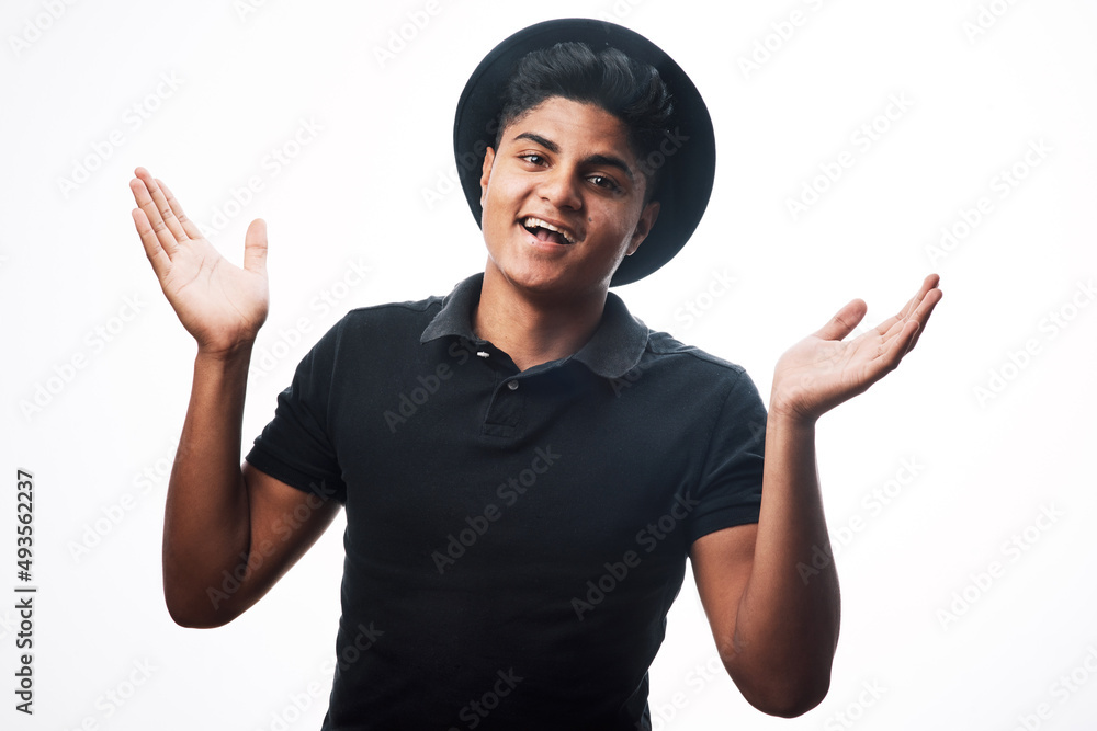 Wall mural Lets just all be happy. Studio shot of a young man posing against a white background.