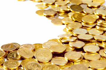 Pile of gold coins background on a white backgrround. Money on white background. Copy space.Finance