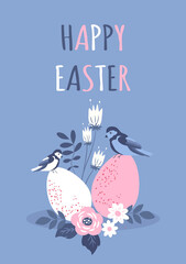 vector hand drawn illustration. Easter greeting card with birds, colored eggs, flowers and the inscription "Happy Easter" on a blue background. cute flat illustration