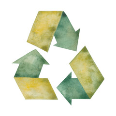Universal recycling symbol. An international symbol used on packaging to remind people to throw it in the bin instead of the trash. The icon is isolated on a white background.Watercolor illustration.