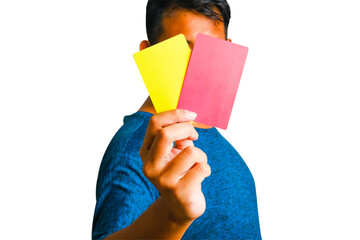 Selective focus of hand holding yellow and red card. Sports offence and law violation concept.