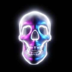 Glowing skull, multicolored, light tones of Cyberpunk or science fiction or sci-fi movie on black background. 3D Rendering.
