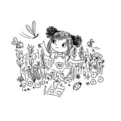 Doodle illustration of a little girl in a meadow with flowers. A cute girl plays among flowers, grass and insects, bees fly. The bees collect honey. Monochrome drawing of nature