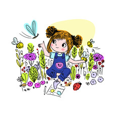 Vector color illustration of a little girl in a meadow with flowers. A cute girl plays among flowers, grass and insects, bees fly. Bees collect honey