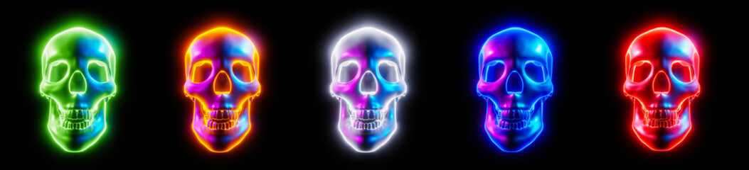 Glowing skull, multicolored, light tones of Cyberpunk or science fiction or sci-fi movie on black background. 3D Rendering.
