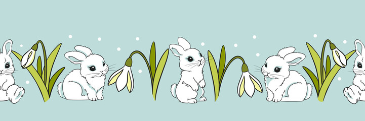 seamless spring banner pattern, easter bunny and spring flowers, snowdrops and crocuses, cute little white rabbit, hand-drawn color, pattern on a blue background with snowflakes for printing