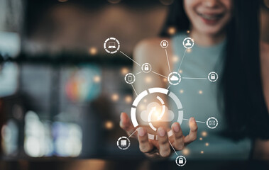 business woman holding cloud icon on virtual digital technology showing cloud technology concept