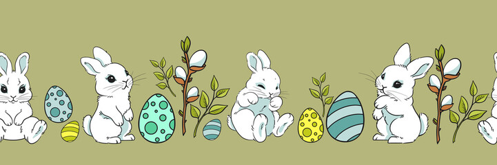 seamless spring banner pattern, easter bunny and bright easter eggs, willow branch, spring willow, cute little hare, hand-drawn on colored background for printing on fabric, website banner, wallpaper