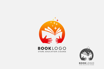 hand keep Open Book isolated circle with star . Logo Education Flat Vector logo Design