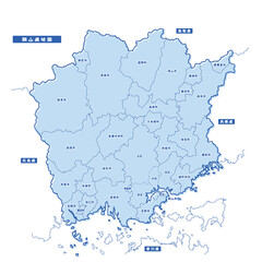 岡山県地図 シンプル淡青 市区町村