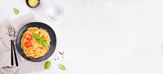 Traditional Italian spaghetti pasta with tomatoes, sauce, basil and parmesan cheese on a gray background. Banner. Top view, copy space.