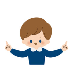 両手の人差し指で指し示している男児のバストアップ