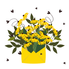 Yellow flowers in an envelope. Big bouquet. Gift.