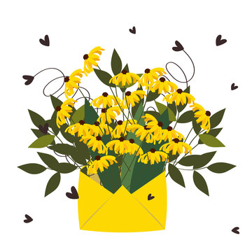 Yellow Flowers In An Envelope. Big Bouquet. Gift.
