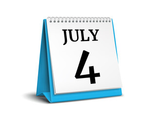 July 4. Calendar on white background. 3D illustration.