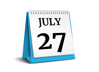 July 27. Calendar on white background. 3D illustration.