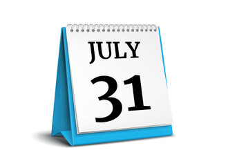 July 31. Calendar on white background. 3D illustration.
