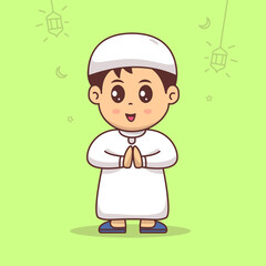 Cute boy celebrating ramadan mubarak, eid mubarak cartoon vector illustration