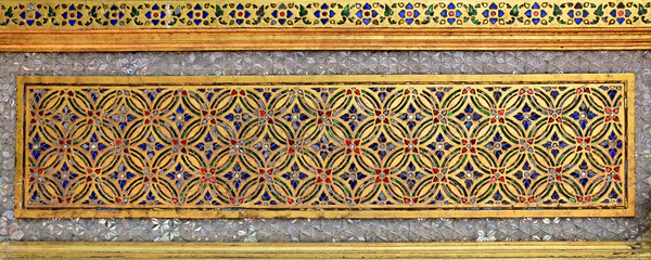 Gold Wood craft Thai classic pattern in Thai Temple at Thailand.
