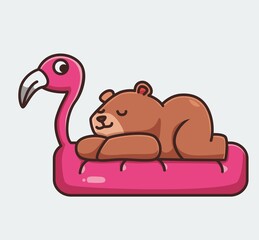 cute grizzly bear brown sleeping on flamingo bed. cartoon animal nature concept Isolated illustration. Flat Style suitable for Sticker Icon Design Premium Logo vector. Mascot Character