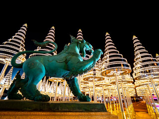 Legendary Green Lion Statue Standing in The Midst of The Bright Tiers