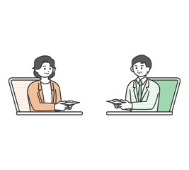 オンラインで名刺交換をする男性社員と女性社員のイメージイラスト素材