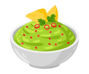 Cartoon Guacamole with vegetables, vector illustration, Mexican traditional food. Isolated on white background