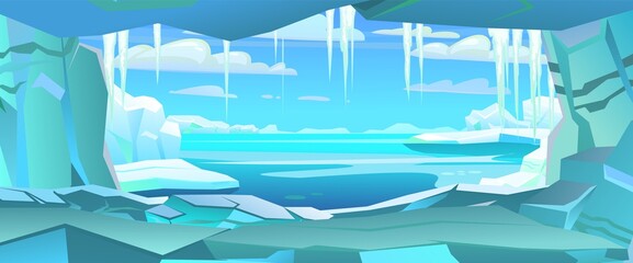 Arctic landscape. View from the cave. Iceberg ice Antarctica. Beautiful winter scenery. Blue sky clouds. Ice freeze into ocean. Far view winter horizon. Cold frozen water. Vector