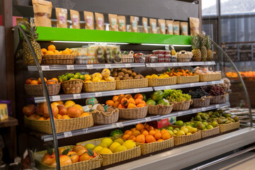 showcase with fresh fruits in the grocery store, healthy food and lifestyle. vegetarianism ecological products vitamins