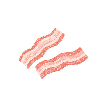 Hand drawn vector illustration of raw bacon slices. Tasty breakfast. Drawing, line art. Isolated on white.