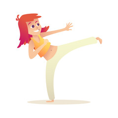 Child practices capoeira and kick. Girl with red hair has fun doing sports, stands in warlike pose.