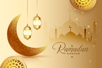 ramadan kareem religious greeting with moon lanter and mosque decoration