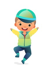 Little Boy preschooler. Person in autumn clothes. In waterproof jacket. Cute child. Cheerful funny kid. Baby joy. Cartoon style illustration. Flat design. Isolated on white background. Vector