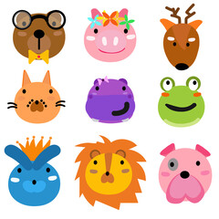 Cute animal faces set. Hand drawn characters. Vector illustration.
