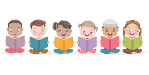 Children of various nationalities sit and read a book.