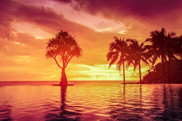 Obraz na płótnie Canvas fabulous tropical sunset, silhouettes of palm trees against the background of orange and pink-purple sky. reflection of the sky in the water, relaxation meditation and rest
