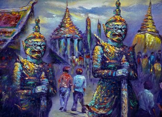 Art painting Oil color  giant guardians  Literature Ramayana religion background From Thailand