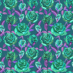 Bright ornament of turquoise, blue, roses on a purple background. Blooming buds, flowers, leaves, branches, buds, petals. Seamless watercolor pattern for textiles, clothing, gift paper, shawl.