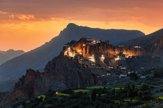 Dhankar Monastery after sunset in Spiti Valley,Himachal Pradesh,India